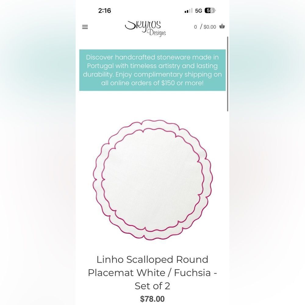 Set of 4 Skyros Designs Linho Scalloped Round Placemat in White and Fuchsia